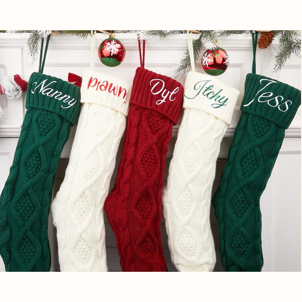 Custom Christmas Stocking Xmas Knitted Stockings with Name Holiday Decor Gift Christmas Family Gifts Santa Sack Kid Present Bag