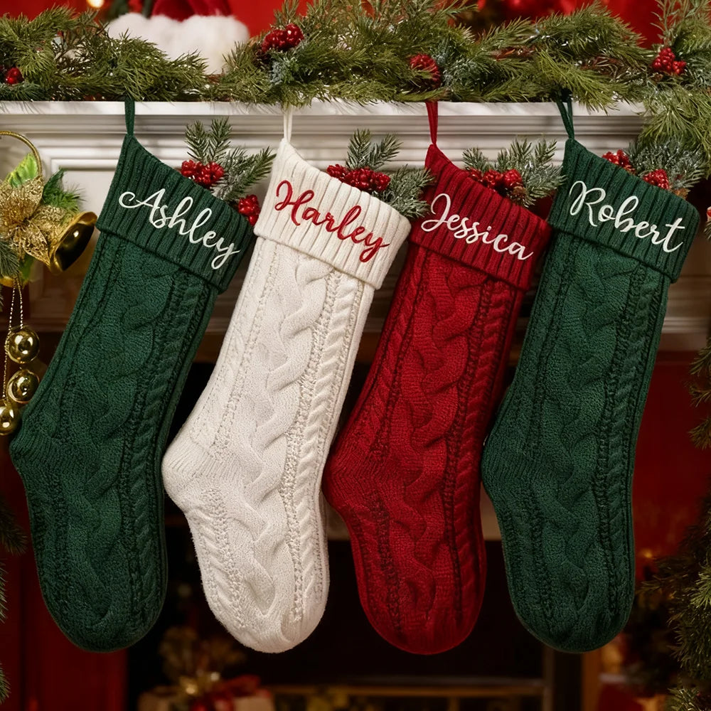 Custom Christmas Stocking Xmas Knitted Stockings with Name Holiday Decor Gift Christmas Family Gifts Santa Sack Kid Present Bag
